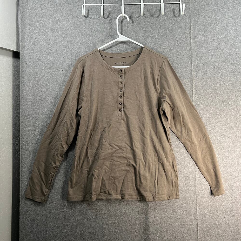 Girl With Curves Shirt Ladies Jersey Knit Henley Top Mocha Size Large